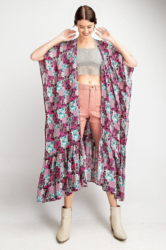 Offener Maxi-Kimono aus Rayon Challis mit Rüschen unten