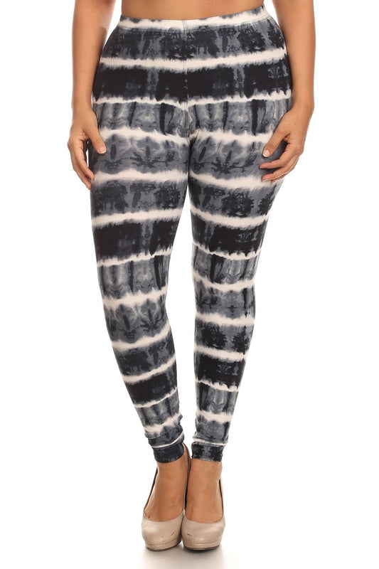 Plus Size Tie Dye Print, Full Length Leggings In A Fitted Style With A Banded High Waist - DHappyFrog