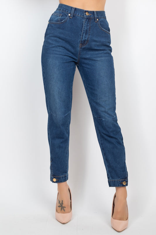 Cuffed-button Mom Jeans - DHappyFrog