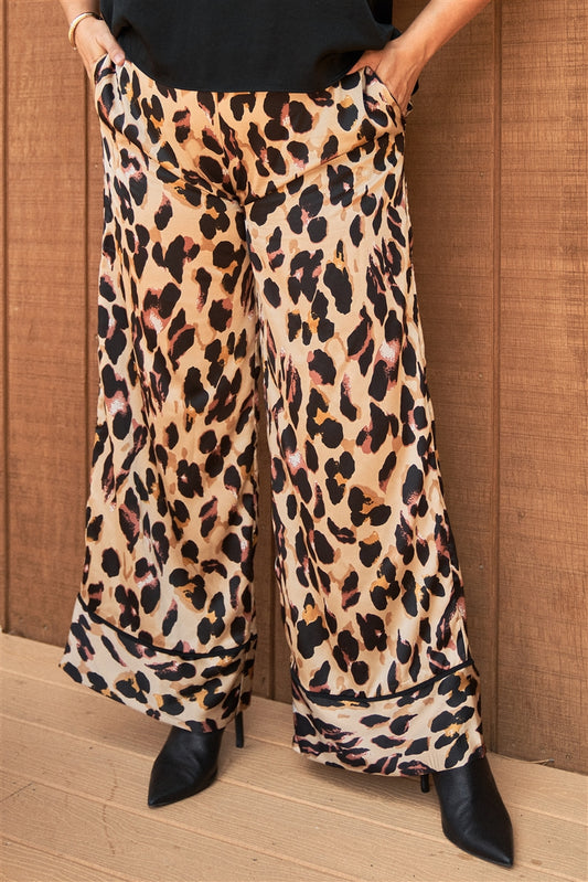 Plus Taupe Combo Leopard Print Satin High-waisted Wide Leg Pants - DHappyFrog