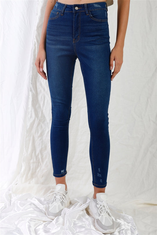 Dark Blue High-waisted With Rips Skinny Denim Jeans - DHappyFrog