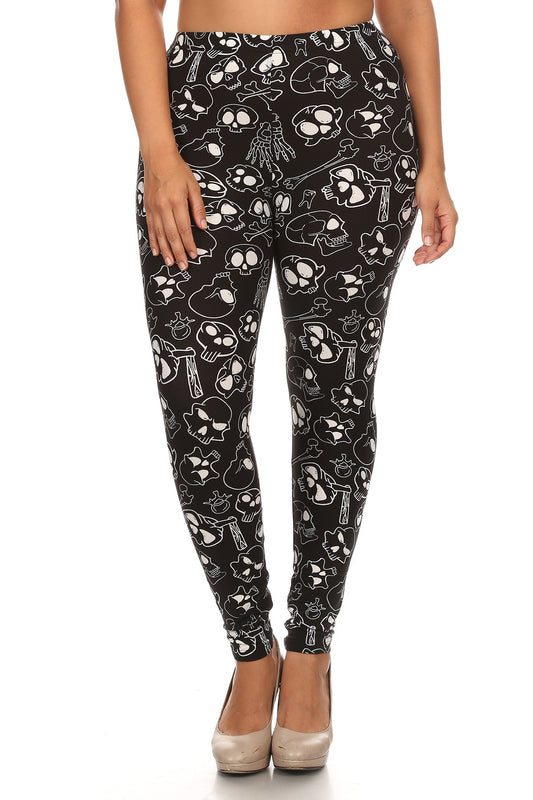 Plus Size Print, Full Length Leggings In A Fitted Style With A Banded High Waist - DHappyFrog