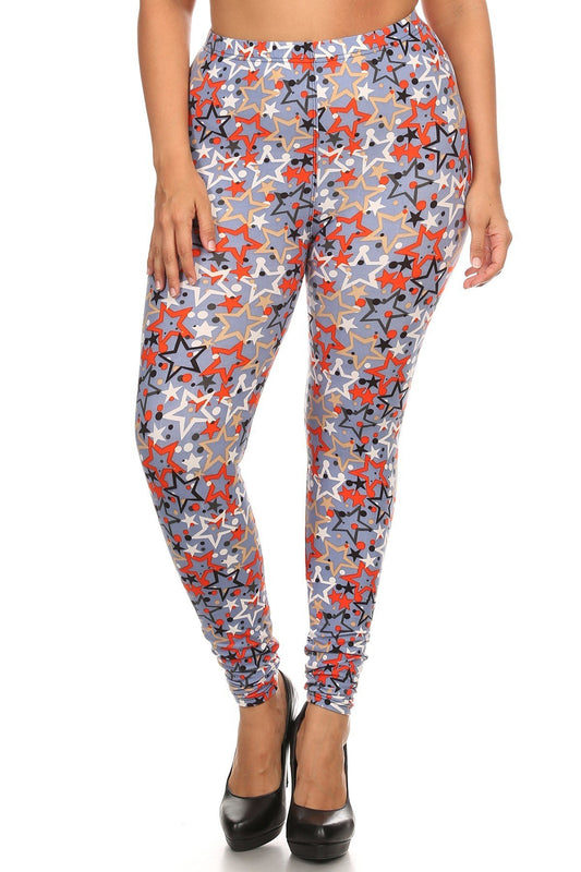 Plus Size Star Print, Full Length Leggings In A Slim Fitting Style With A Banded High Waist - DHappyFrog