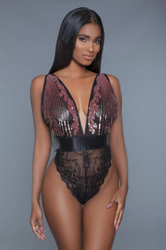 1 Pc. Cut-out Lace Bottoms With Raspberry-pink Sequins Plunging Sheer Neckline - DHappyFrog