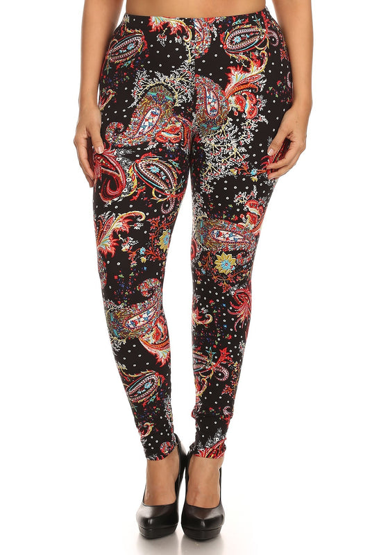 Multi-color Paisley Print, Banded, Full Length Leggings In A Fitted Style With A High Waisted - DHappyFrog