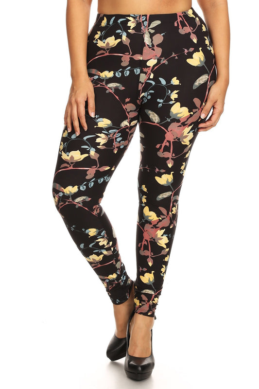 Plus Size Floral Print, Full Length Leggings In A Slim Fitting Style With A Banded High Waist - DHappyFrog