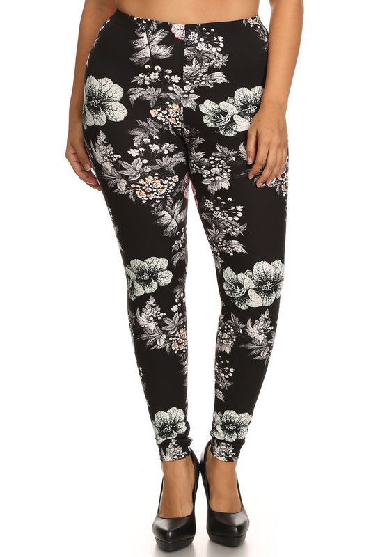 Plus Size Floral Graphic Printed Jersey Knit Legging With Elastic Waistband Detail - DHappyFrog
