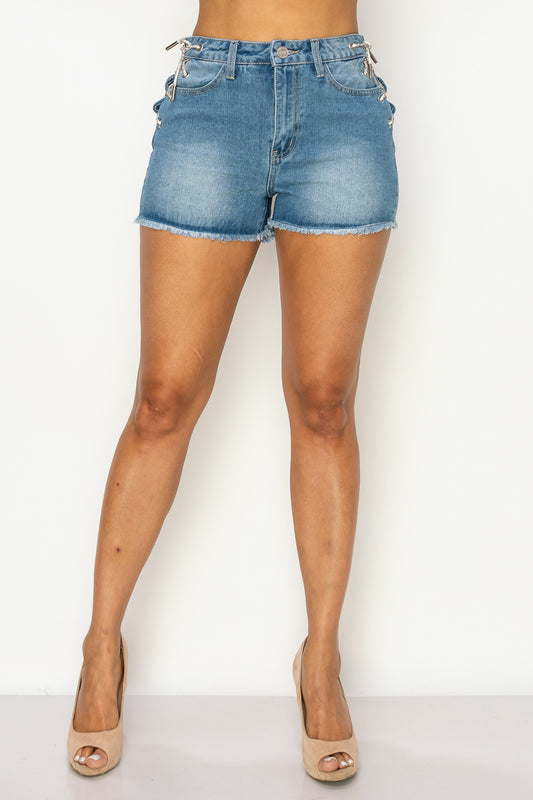 Side Lace-up Detailed Denim Shorts - DHappyFrog