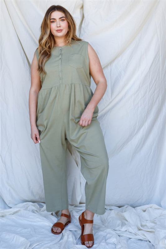 Plus Cotton Front Button Up Detail Sleeveless Jumpsuit - DHappyFrog