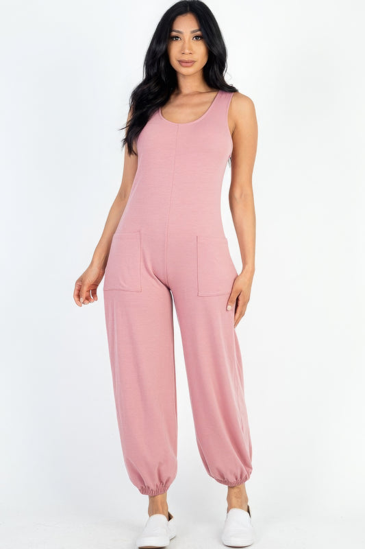 Casual Solid French Terry Sleeveless Scoop Neck Front Pocket Jumpsuit - DHappyFrog