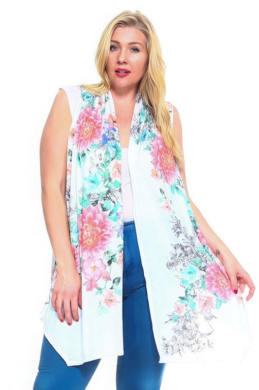 Floral Print, Open Front Vest With An Asymmetric Hem. - DHappyFrog