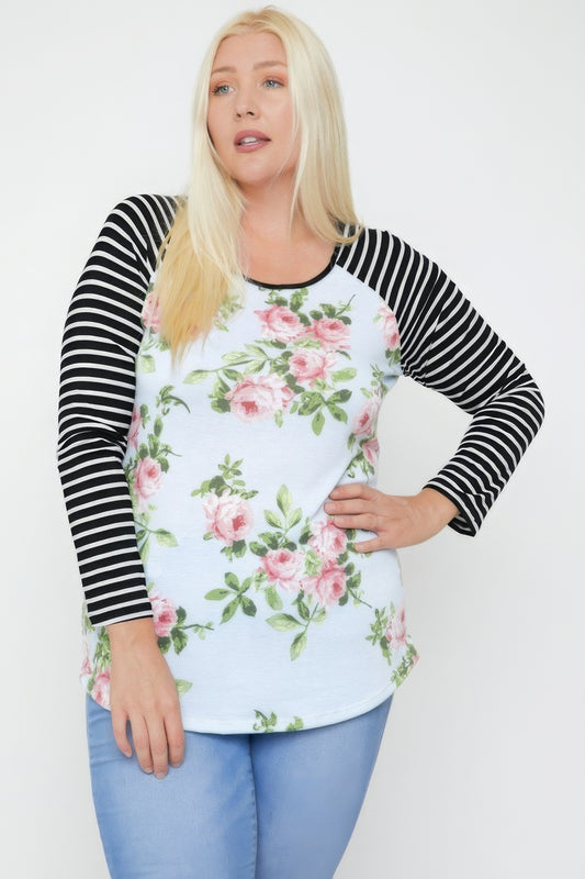 Floral Top Featuring Raglan Style Striped Sleeves And A Round Neck - DHappyFrog