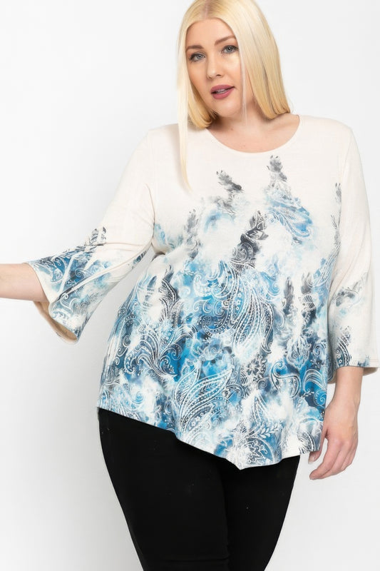 Print Top Featuring A Round Neckline And 3/4 Bell Sleeves - DHappyFrog
