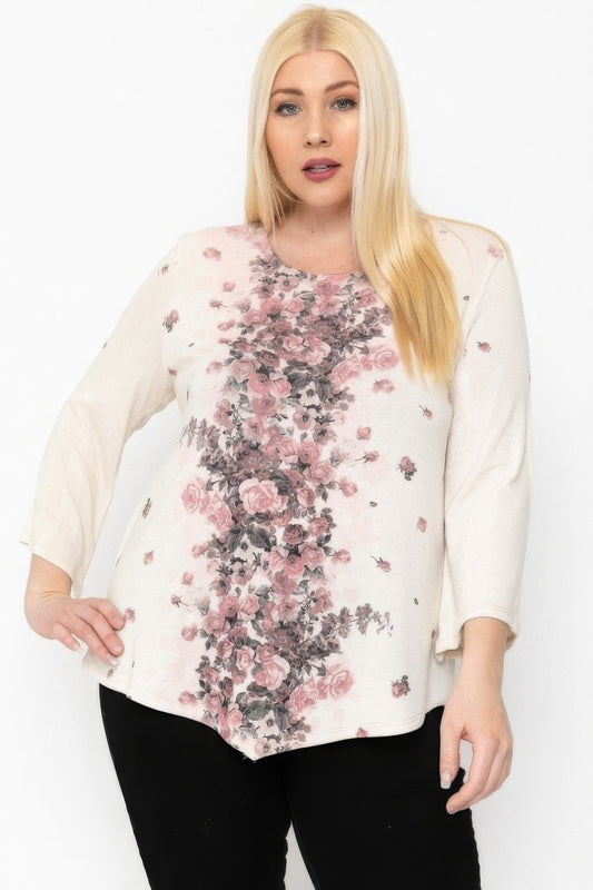 Print Top Featuring A Round Neckline And 3/4 Bell Sleeves - DHappyFrog