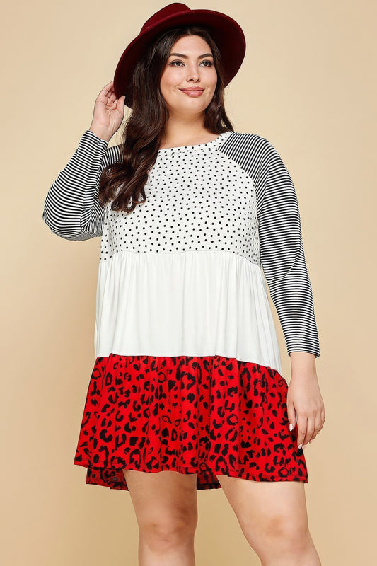 Plus Size Cute Polka Dot And Animal Print Contrast Swing Tiered Dress - DHappyFrog