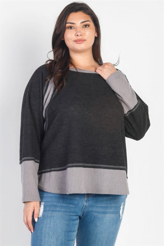 Plus Charcoal & Grey Colorblock Waffle Knit Long Sleeve Top - DHappyFrog