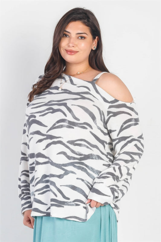 Plus White & Charcoal Zebra Flannel Cold Shoulder Long Sleeve Top - DHappyFrog