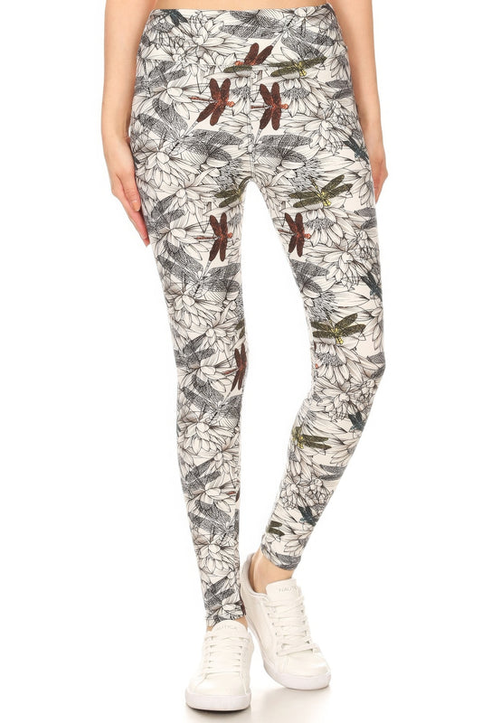 Yoga Style Banded Lined Dragonfly Print, Full Length Leggings In A Slim Fitting Style With A Banded High Waist - DHappyFrog