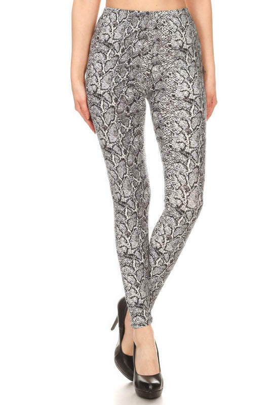 Snakeskin Print, Full Length, High Waisted Leggings In A Fitted Style With An Elastic Waistband - DHappyFrog