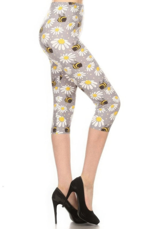 High Waisted Capri Leggings In An Allover Floral And Bee Print - DHappyFrog
