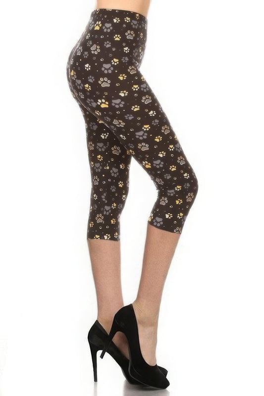 Paw Print, High Rise, Fitted Capri Leggings, With An Elastic Waistband - DHappyFrog