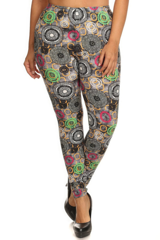 Plus Size Abstract Print, Full Length Leggings In A Slim Fitting Style With A Banded High Waist - DHappyFrog