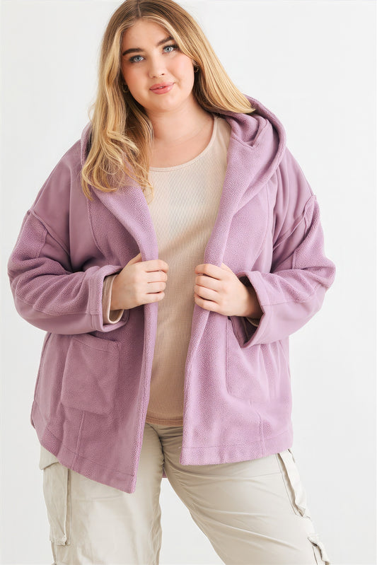 Plus Two Pocket Open Front Soft To Touch Hooded Cardigan Jacket - DHappyFrog