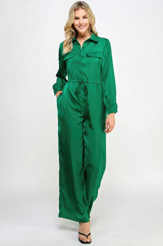 Long Sleeve Jumpsuit With Waist Drawstring - DHappyFrog