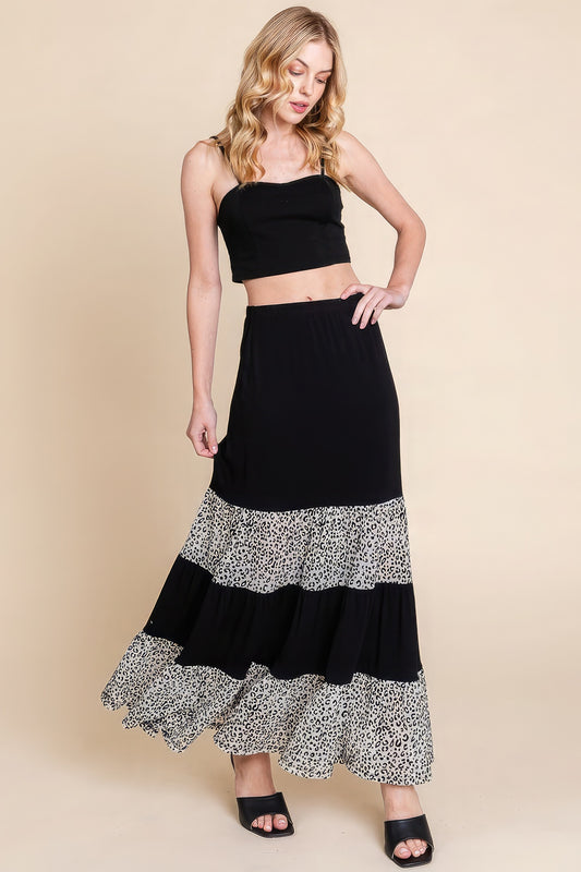 Long Tiered Contrast Fashion Skirt With Velvet Animal Print Mesh - DHappyFrog