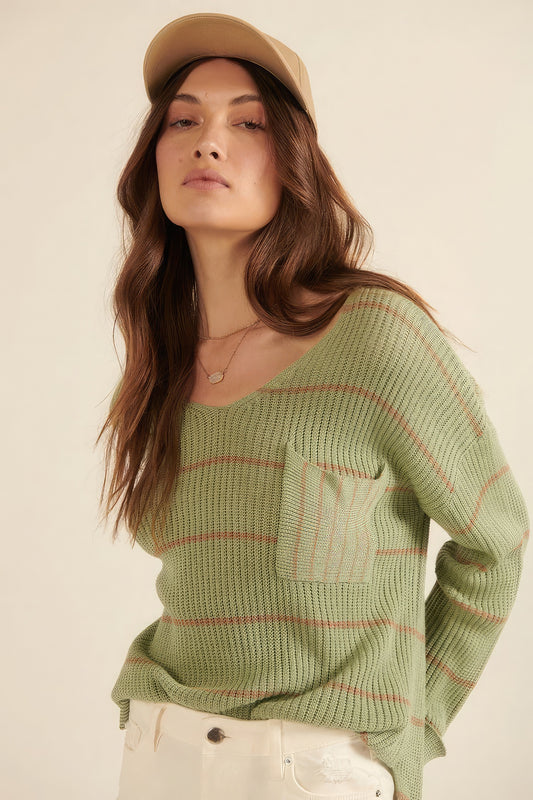 Striped Rib-knit Oversized Pocket Sweater - DHappyFrog